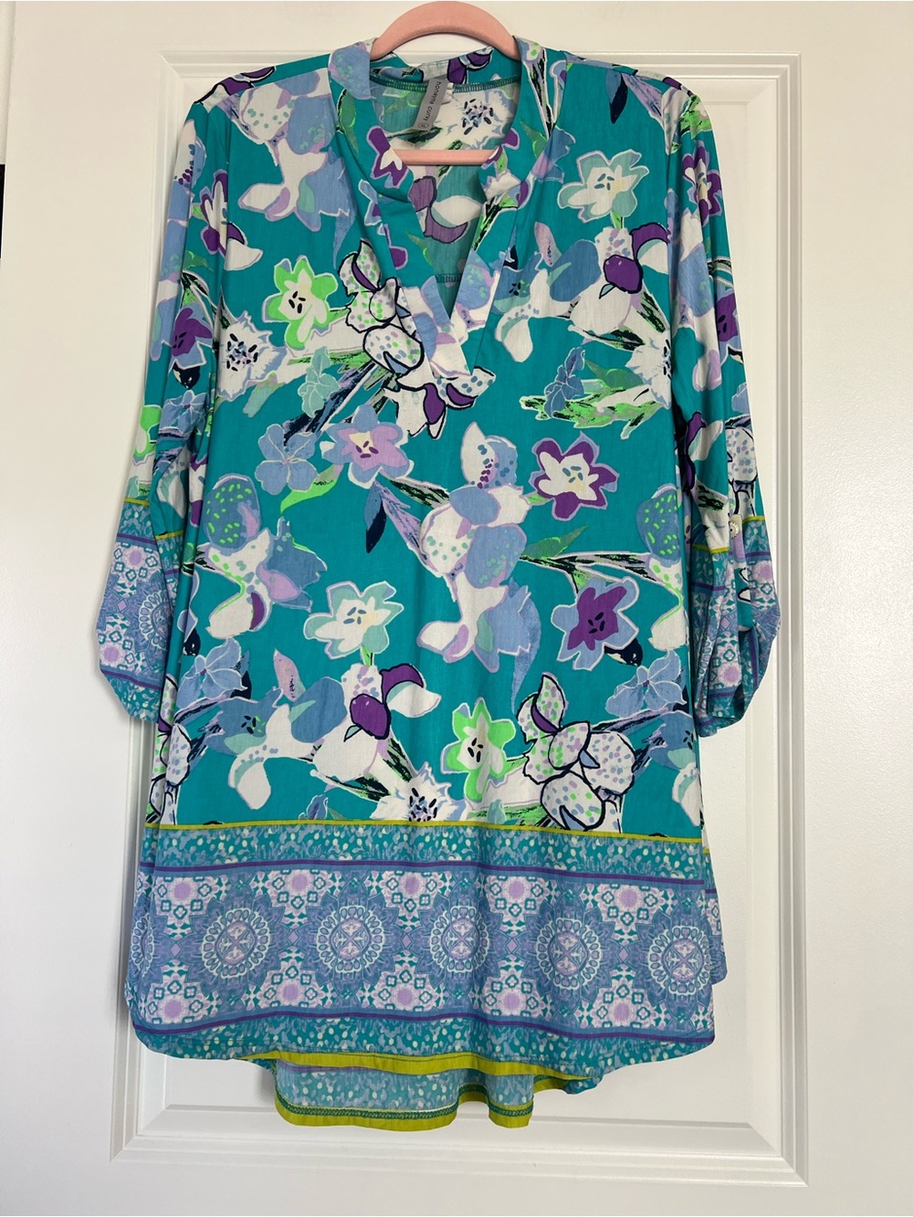 Honeyme CurvyTeal Floral V-Neck Tunic Top